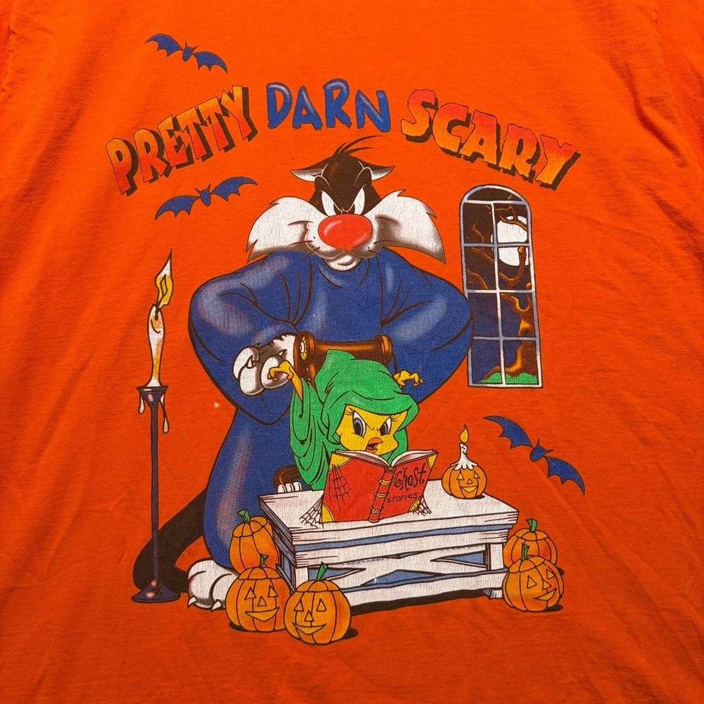 Looney Tunes T-Shirt Mens OSFA Orange Halloween Sylvester Tweety Vintage 90s 2XL